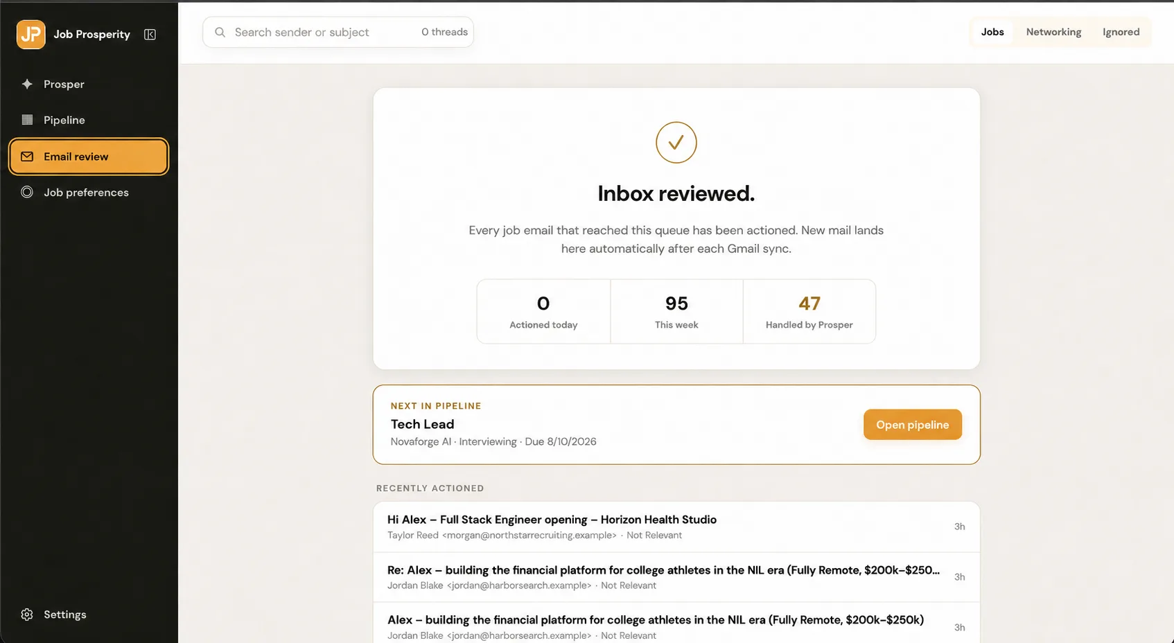 Anonymized Job Prosperity email review screen showing a reviewed inbox and recently actioned messages