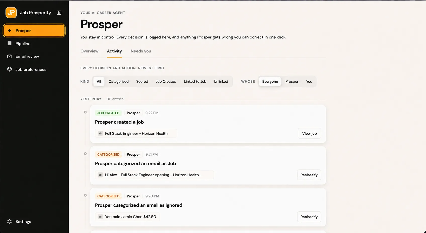 Anonymized Prosper activity log showing reversible email classification decisions